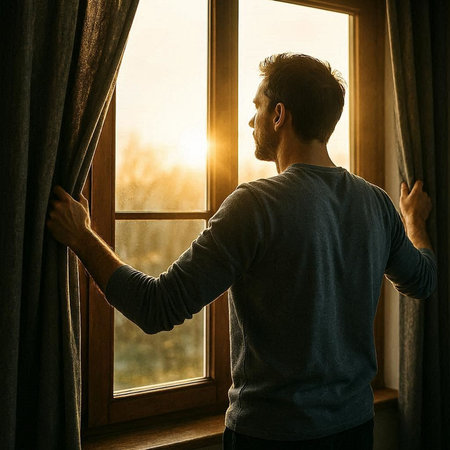 Man opening curtains at home. Man looking out the window at sunset.
