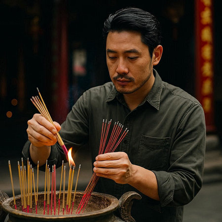 Asian man lighting incense sticks in chinese temple, stock photo