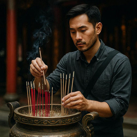Handsome asian man holding incense stick in the templeの写真素材
