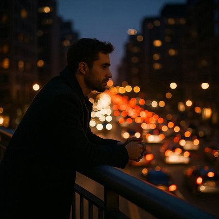 Handsome young man in the city at night, looking awayの写真素材