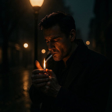 Portrait of a man smoking a cigarette in the street at night