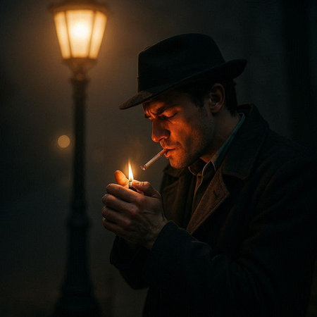 Man in a hat smoking a cigar on the street at night.
