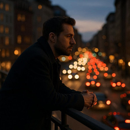 Handsome young man in a black sweatshirt with a beard is standing on a balcony in the evening and...