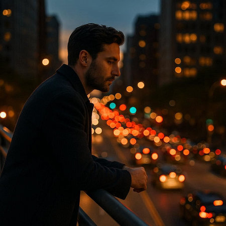 Handsome young man in the city at night, looking away