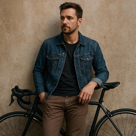 Handsome young man in casual clothes leaning on his bicycle and looking away while standing against...