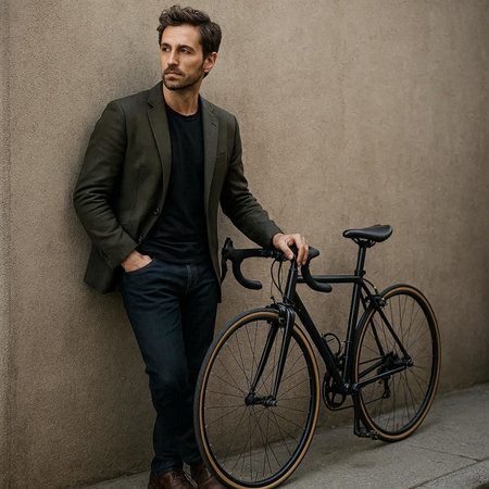Handsome young man with a bicycle leaning against a wall outdoors.