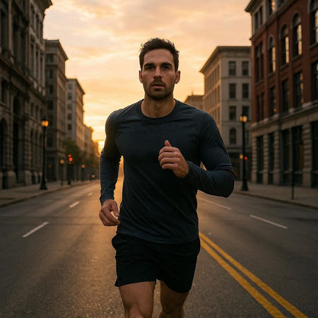 Young handsome man running in the city at sunset. Sport and healthy lifestyle.