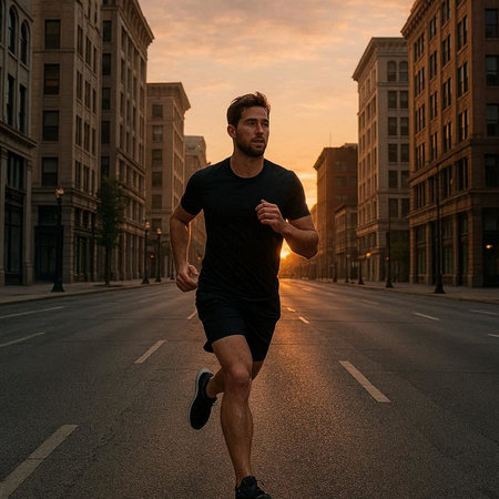 Running man jogging in the city at sunset. Sport fitness model caucasian ethnicity training outdoor.