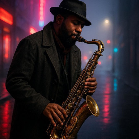 African american jazz musician playing the saxophone on a dark background