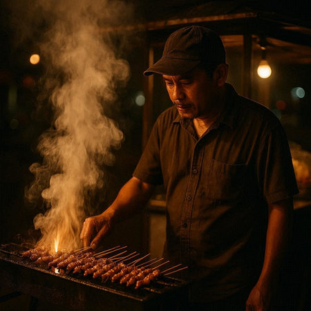 Skewers on a spit at night in the city.