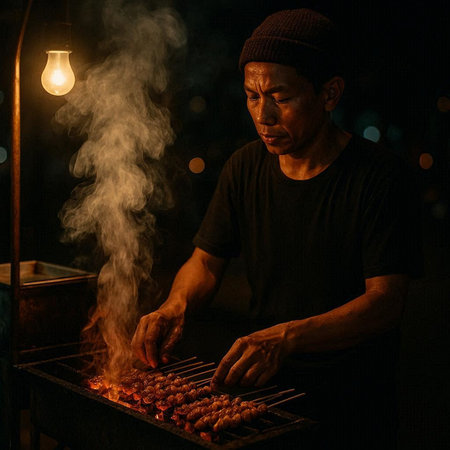 Asian man cooking shish kebab on barbecue grill at night
