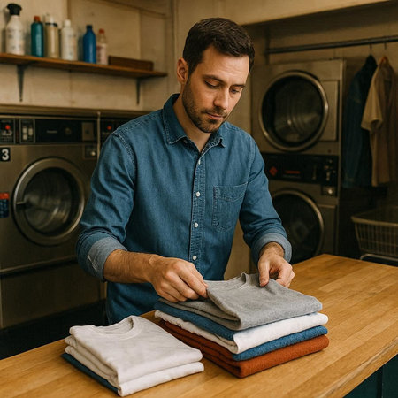 handsome man in blue shirt cleaning clothes in laundry room at home