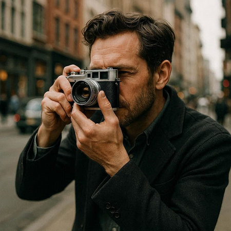 Handsome man taking photos with vintage camera in the city.