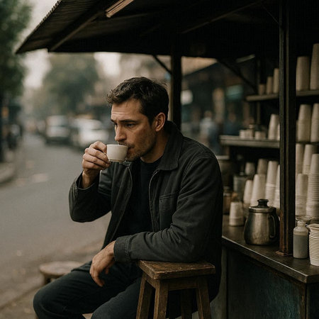 Handsome man drinking coffee in a street cafe, sitting on a chair