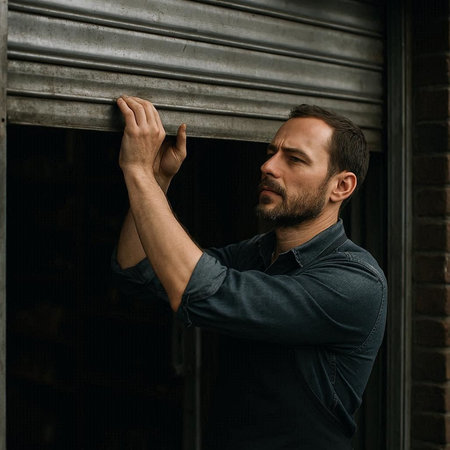 Handsome bearded man in a blue shirt standing near the door.の写真素材