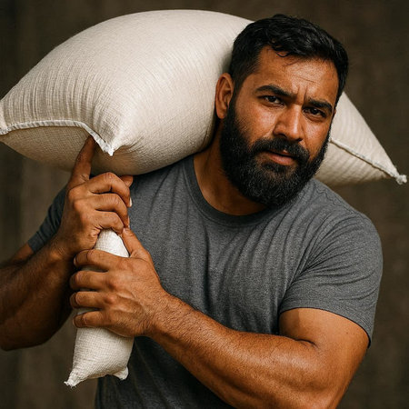 Portrait of a bearded Indian man holding a pillow in his hand.