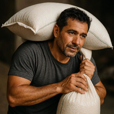 Portrait of a handsome mature man in a black T-shirt with a pillow.の写真素材