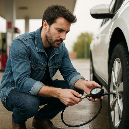 Close up of a car mechanic checking the pressure of a car at a gas station.