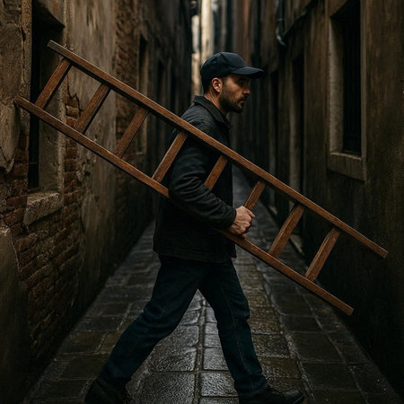 Handsome bearded man in black clothes and cap walking with wooden ladder in the old city.