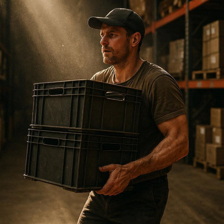 Portrait of a male warehouse worker carrying boxes in a warehouse.