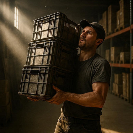 Portrait of a delivery man carrying boxes in a warehouse on a dark background