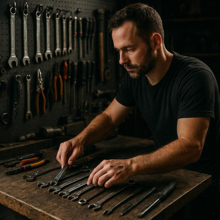 Handsome bearded man in a black T-shirt is repairing a socket wrench in his workshop.