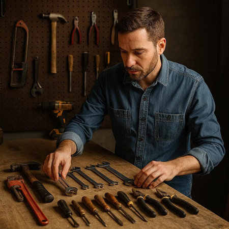 Handsome caucasian man in a denim shirt works in the workshop.
