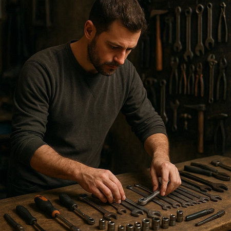 Handsome caucasian man working with tools in his workshop
