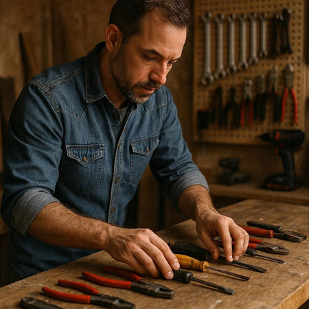 Handsome craftsman working in his workshop. Confident mature caucasian man working with tools.