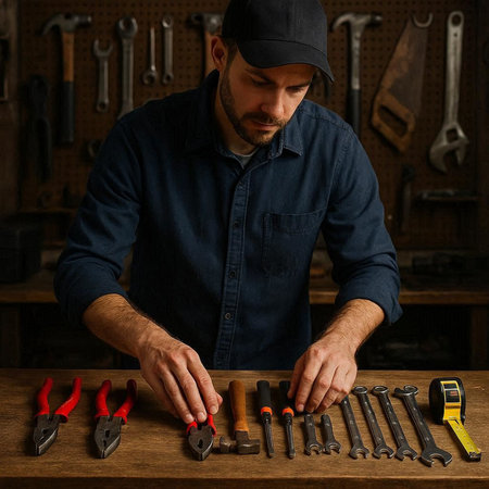 Handsome bearded carpenter working with tools in his workshop.