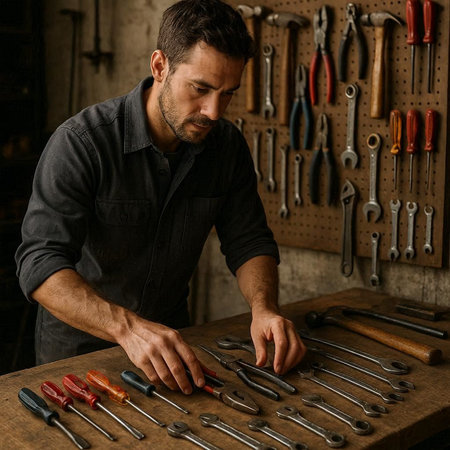 Handsome caucasian man working in his workshop. He is holding a set of tools.