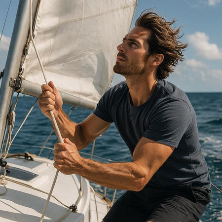 Handsome young man sailing on a yacht in the open sea