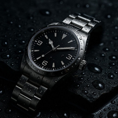 Wrist watch with black dial and metal bracelet on wet black background.