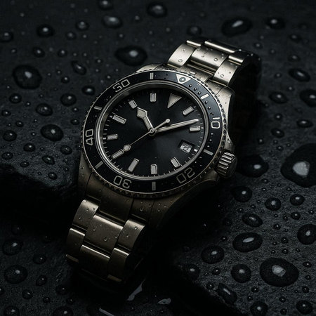 Wristwatch with black dial on a black background with rain drops