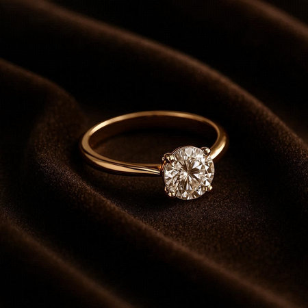 Diamond ring on brown satin background. Luxury diamond ring.