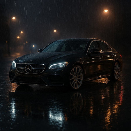 Car in the rain on a rainy night. 3d rendering.