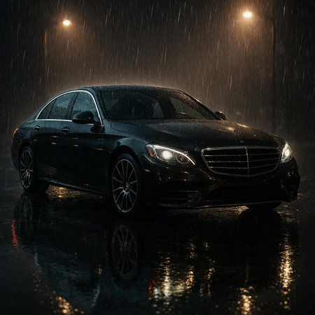 Car in the rain on a dark background. 3d rendering.