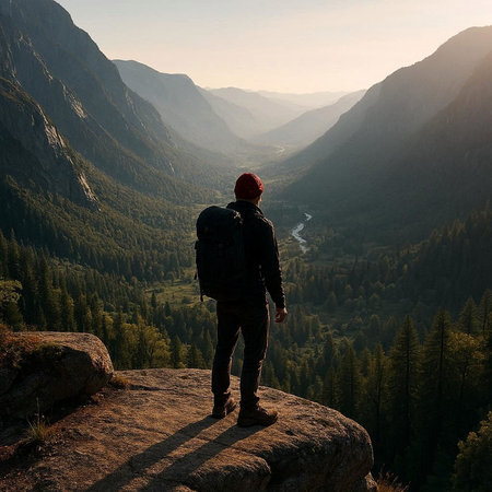 Hiker standing on the edge of a cliff and looking at the valleyの写真素材