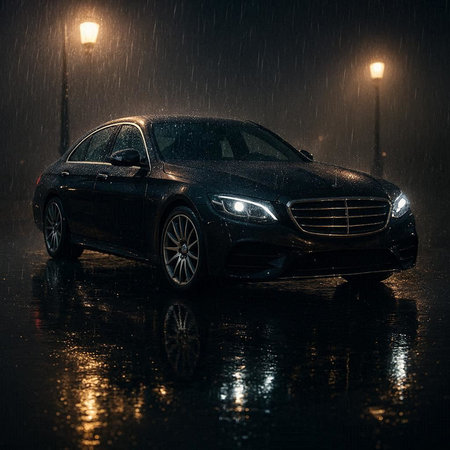 Car under the rain on a rainy day. Car in the rain.