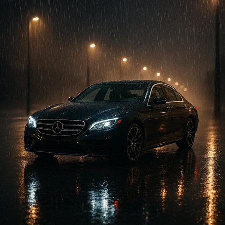 Car under the rain on a rainy day. 3D rendering.