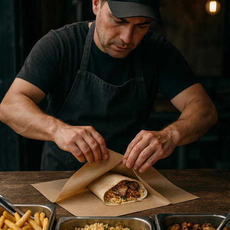 Close-up of a man in a black T-shirt and a cap is preparing a kebab.