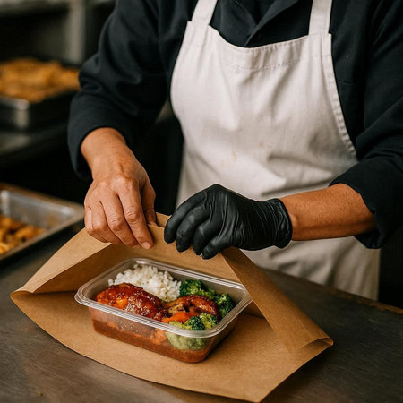 Hands of a professional chef in a white apron and black gloves are holding a container with a...