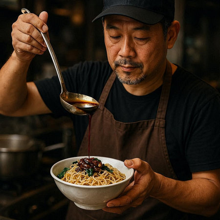 Chef serving noodle with sauce in a bowl at restaurant.