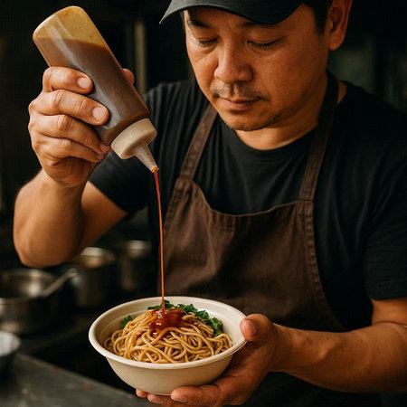 Asian man in apron is pouring hot sauce on instant noodle