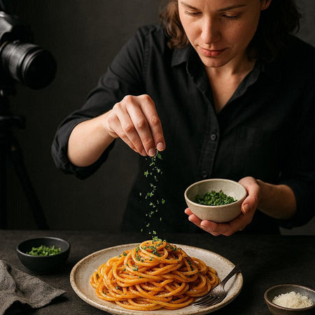 Close-up of a woman in a black shirt sprinkles parsley on a plate of spaghetti pasta