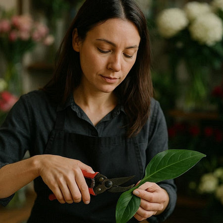 Female florist cutting green leaf with scissors in flower shop.の写真素材