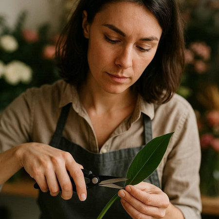 Female florist cutting green leaf with scissors in flower shop.の写真素材