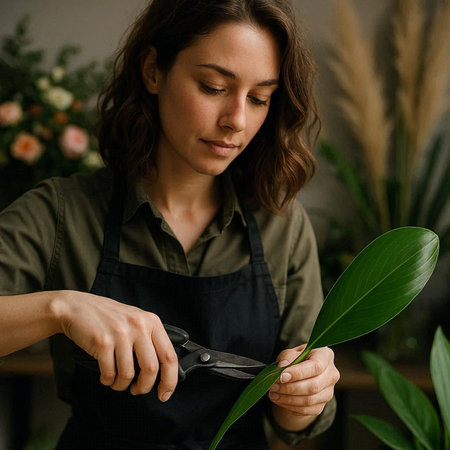 Female florist cutting a green leaf with scissors in flower shopの写真素材