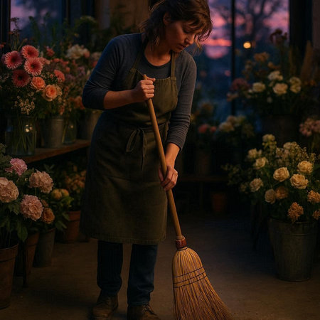 Young female florist with a broom working in a flower shop
