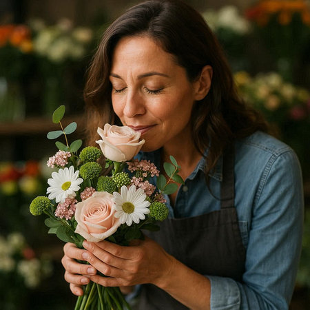 Beautiful woman florist smelling a bouquet of flowers in a flower shop
